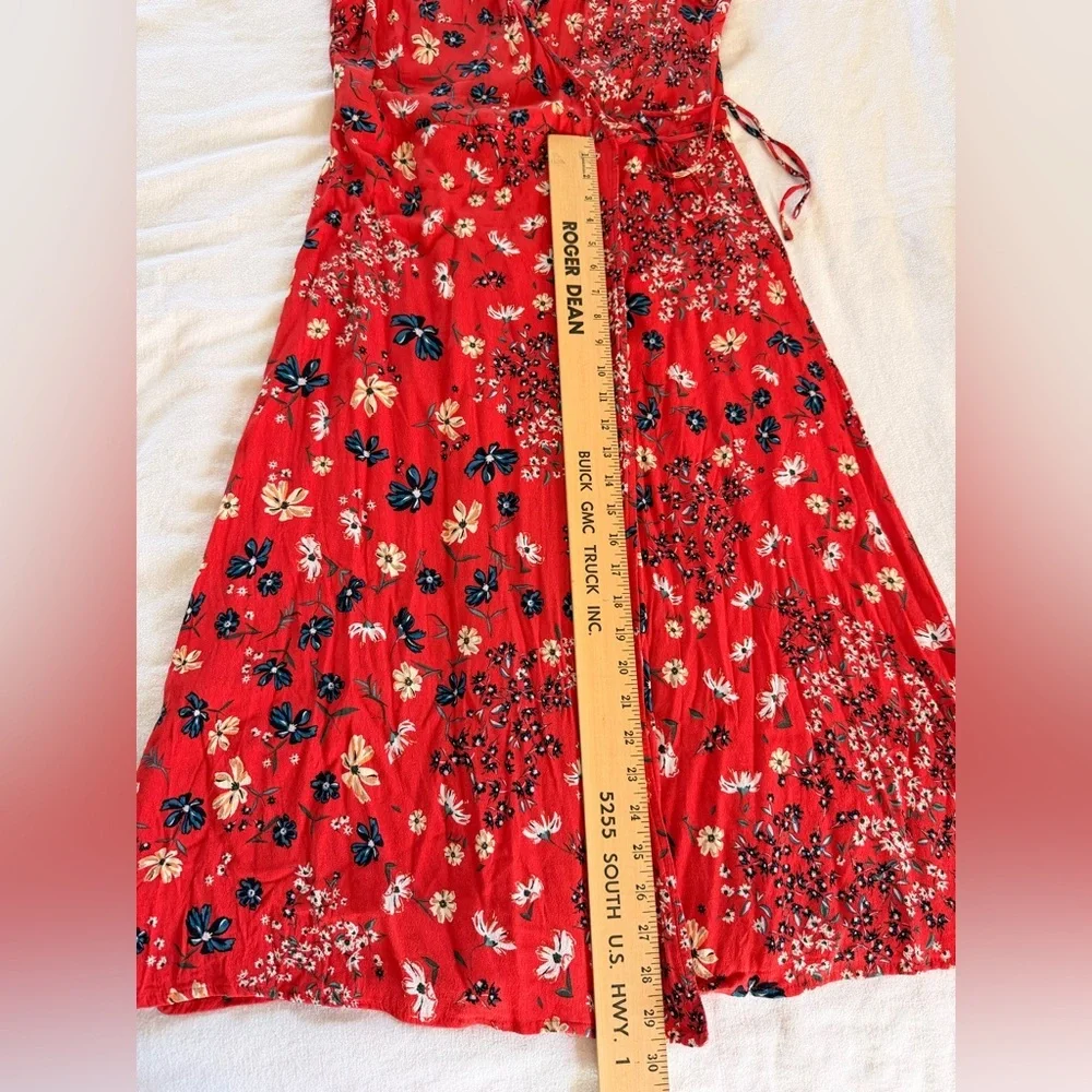 Cottagecore Red Floral Flowy Boho Tomato Midi Wrap Dress Feminine Size 8 H&M - Picture 12 of 15